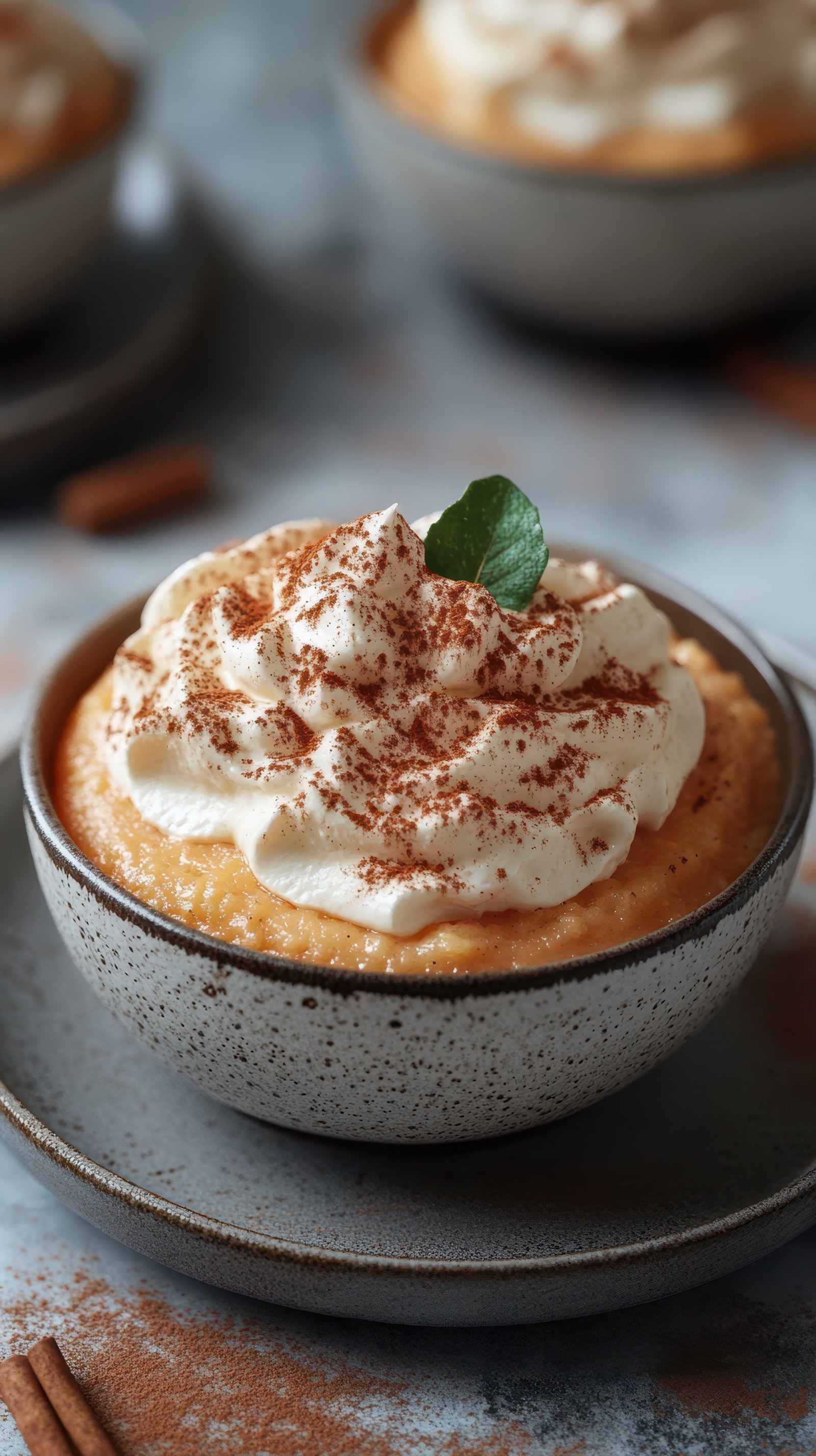 Delicious dessert featuring creamy whipped topping and a sprinkle of cinnamon in a rustic bowl
